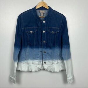 Chico’s blue denim ombré bleach dipped ruffle trimmed button jacket, medium.